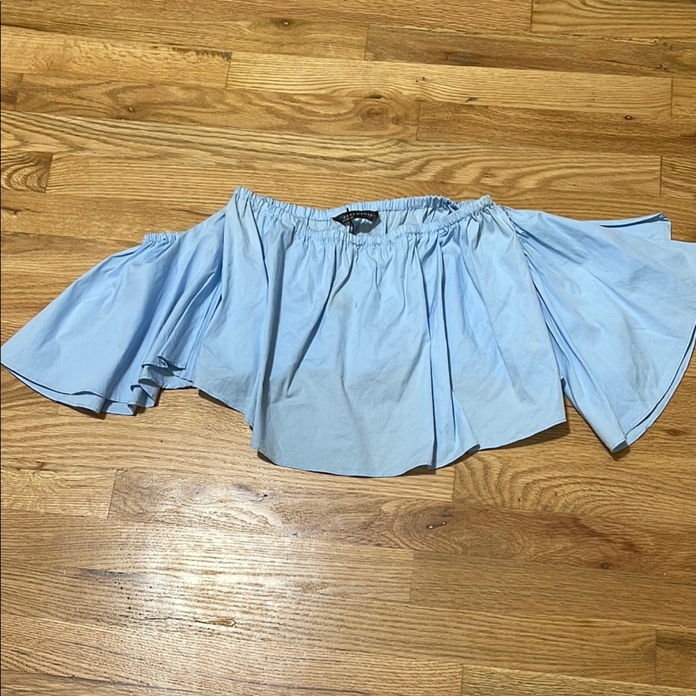 Zara Blue Flutter Sleeve Crop Blouse Size L